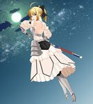  ahoge armor armored_dress artoria_pendragon_(all) back blonde_hair bow dress fate/stay_night fate/unlimited_codes fate_(series) green_eyes highres looking_back ponytail saber saber_lily solo swimmer? sword weapon 