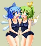  bad_id bad_pixiv_id bare_shoulders blue_eyes blue_hair blush bow cirno daiyousei fang green_eyes green_hair hair_bow highres holding_hands multiple_girls one-piece_swimsuit one_eye_closed school_swimsuit shiny shiny_clothes short_hair skindentation smile swimsuit tera_hiroshi touhou wings 