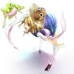  :d bent_over blonde_hair eyes fang frog hat hat_removed headwear_removed moriya_suwako no_panties open_mouth orange_eyes outstretched_arms see-through short_hair smile solo spread_arms tcb thighhighs touhou when_you_see_it wide_sleeves yellow_eyes 