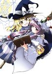  2girls blonde_hair book broom hat hiyorimi kirisame_marisa long_hair magic_circle mini-hakkero multiple_girls open_mouth patchouli_knowledge pentagram purple_eyes purple_hair touhou witch_hat yellow_eyes 