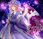  bug butterfly cropped hat hexagon insect pink_hair qontamblue saigyouji_yuyuko saigyouji_yuyuko's_fan_design shippou_(pattern) short_hair solo touhou 