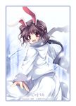  absurdres animal_ears bow branch brown_hair bunny_ears coat forest hair_bow happy highres inaba_tewi looking_back nature open_mouth outstretched_arms red_eyes scarf short_hair smile snow solo spread_arms tateha_(marvelous_grace) touhou tree wavy_hair white_canvas winter 