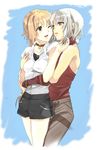  428 black_shorts blonde_hair brown_eyes canaan canaan_(character) collar detached_sleeves eye_contact hareta hug long_hair looking_at_another multiple_girls one_eye_closed oosawa_maria open_mouth shirt short_hair shorts silver_hair white_shirt yuri 