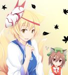  animal_ears blonde_hair brown_hair cat_ears chen earrings fox_ears fox_mask fox_tail hat jewelry mask multiple_girls ogami_kazuki red_eyes short_hair tail touhou yakumo_ran yellow_eyes 