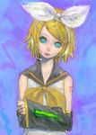  bad_id bad_pixiv_id blonde_hair blue_eyes bow crossed_arms headset kagamine_rin pon solo vocaloid 