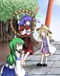  baerun calligraphy_brush face_painting hagoita hanetsuki kochiya_sanae moriya_suwako multiple_girls paddle paintbrush sweatdrop torii touhou yasaka_kanako 