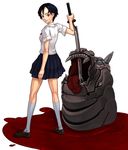  black_hair blood blood+ katana looking_back masn_(moxi) monster otonashi_saya red_eyes school_uniform serafuku short_hair skirt solo sword weapon 