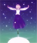  ahoge arcueid_brunestud black_legwear blonde_hair closed_eyes dress full_moon glitter glowing long_skirt long_sleeves moon official_art outstretched_arms pantyhose pullover purple_skirt reflection shoes short_hair skirt smile solo spread_arms sweater takeuchi_takashi tsukihime turtleneck water 