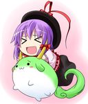  &gt;_&lt; :3 :d blush_stickers chibi closed_eyes ex-keine hat horns ichimi kamishirasawa_keine kamishirasawa_keine_(hakutaku) nagae_iku open_mouth riding smile sukusuku_hakutaku touhou xd 