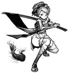  armor black_hair comb flower gauntlets gloves greyscale hair_flower hair_ornament hitodama izuna_jinkuro japanese_armor japanese_clothes katana kimono kote masn_(moxi) momohime monochrome oboro_muramasa ponytail pose sandals sheath short_kimono shoulder_armor sode solo sword thighhighs unsheathing weapon 