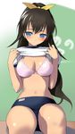  bad_id bad_pixiv_id blue_eyes blush bow bra breasts brown_hair buruma cleavage ganaha_hibiki idolmaster idolmaster_(classic) large_breasts lingerie long_hair pink_bra ponytail shirt_lift solo ui_(kirin) underwear 