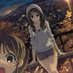  :d :o armcho blurry brown_eyes brown_hair cityscape depth_of_field dutch_angle evening hood hoodie looking_at_viewer multiple_girls open_mouth original shorts smile thigh_gap thighs twintails wavy_hair 
