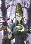  bayonetta bayonetta_(character) black_hair blue_eyes bodysuit bug butterfly earrings glasses gun handgun insect jewelry jigoku_meguri long_hair mole mole_under_mouth solo very_long_hair weapon 