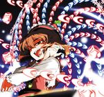  brown_eyes brown_hair buttons crossed_arms danmaku frilled_hat frills hat hiyorimi long_sleeves lyrica_prismriver magic_circle musical_note one_eye_closed open_mouth red_hat red_shirt shirt short_hair solo star teeth touhou 