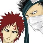  aiko_(fade2black) aqua_eyes bandaged_head bandages black_hair covered_mouth forehead_protector forehead_tattoo gaara lowres momochi_zabuza multiple_boys naruto naruto_(series) ninja no_eyebrows no_pupils portrait red_hair sanpaku silver_eyes simple_background spiked_hair white_background 