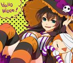  bad_id bad_pixiv_id brown_hair candy candy_cane food ganaha_hibiki green_eyes halloween hat holding holding_candy_cane idolmaster idolmaster_(classic) masaki_(celesta) monkey skull solo striped striped_legwear thighhighs witch_hat 