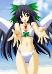  asu bare_shoulders beach bikini black_hair blush bow day derivative_work green_bow hair_bow long_hair looking_at_viewer navel outdoors outstretched_arms red_eyes reiuji_utsuho smile solo swimsuit touhou water wings 