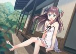  :d aqua_eyes bangs bare_arms bare_shoulders bow brown_hair collarbone commentary_request dress dutch_angle hair_bow hair_ribbon hyuuga_azuri legs long_hair open_mouth original outdoors porch purple_hair ribbon sandals sitting sleeveless sleeveless_dress smile solo sundress tree two_side_up 