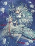  aqua_eyes clona commentary_request dress feathered_wings feathers flower frilled_dress frills gloves harpy head_wings invisible long_hair monster_girl multiple_girls neck_ribbon open_mouth pixiv_fantasia pixiv_fantasia_t ribbon rose short_hair smile spread_wings white_flower white_hair white_rose wings yellow_eyes 