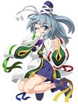  ;p blue_eyes boots full_body hat japanese_clothes kariginu long_hair long_sleeves looking_at_viewer mononobe_no_futo one_eye_closed ponytail ribbon silver_hair simple_background smile solo takoyaki_neko-san tate_eboshi tongue tongue_out touhou white_background wide_sleeves 