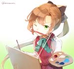  akigumo_(kantai_collection) art_brush biting bow brown_hair canvas_(object) green_eyes hair_bow kantai_collection long_hair meru_(merumumu) one_eye_closed paintbrush painting palette ponytail solo twitter_username 