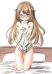  bad_id bad_pixiv_id bottomless brown_eyes brown_hair clothes_tug covering covering_crotch dated glasses kantai_collection long_hair mochizuki_(kantai_collection) naked_sweater nekobaka ribbed_sweater signature solo sweater sweater_tug turtleneck twitter_username 