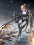  animal_ears blonde_hair breasts cat_ears cat_tail cleavage gun highres medium_breasts muzzle_brake night original shield short_shorts shorts snow solo tail thighhighs weapon yellow_eyes yijian_ma 