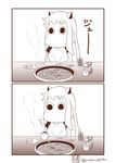  comic commentary cosplay food glass highres horns kantai_collection long_hair mittens monochrome moomin muppo no_humans northern_ocean_hime northern_ocean_hime_(cosplay) sazanami_konami shinkaisei-kan silent_comic simple_background twitter_username yakiniku 