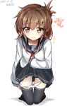  2015 3: brown_eyes brown_hair character_name dated folded_ponytail highres inazuma_(kantai_collection) kantai_collection long_hair panties panty_pull school_uniform serafuku skirt solo thighhighs underwear yufuissei0702 