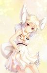  animal_ears blonde_hair dress gen_6_pokemon gloves highres looking_at_viewer meowstic multicolored_hair personification pink_eyes pokemon scarf solo tail two-tone_hair white_dress white_gloves white_hair yuitsuki1206 