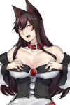  animal_ears bare_shoulders blouse blush breasts brooch brown_hair cleavage collar corset hands_on_own_chest highres imaizumi_kagerou jewelry large_breasts long_hair long_sleeves looking_at_viewer nicutoka off_shoulder open_mouth red_eyes red_skirt skirt tail touhou underbust white_blouse wolf_ears wolf_tail 