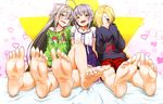  ahoge bare_legs barefoot blonde_hair blush braid brown_eyes feet hair_ornament hair_over_one_eye hairclip heart hoshi_shouko idolmaster idolmaster_cinderella_girls kawaii_boku_to_142's koshimizu_sachiko legs long_hair multiple_girls open_mouth pija_(pianiishimo) pov_feet purple_hair shirasaka_koume shirt_slip short_hair shy silver_hair single_braid sleeves_past_wrists smile soles teasing toenails toes wiggling_toes 