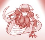  1girl 2015 bandanna breasts cosplay drooling fang full_body gloves hair_ornament hairclip lamia long_hair looking_at_viewer marshu metal_gear_(series) miia_(monster_musume) monochrome monster_girl monster_musume_no_iru_nichijou pointy_ears scales sketch slit_pupils solid_snake solid_snake_(cosplay) solo 