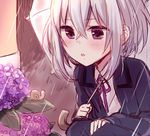  amane_kurumi blush flower honebami_toushirou hydrangea leaf male_focus purple_eyes rain snail solo touken_ranbu umbrella white_hair 