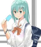  aqua_eyes aqua_hair bag earrings food hair_ornament hairclip ice_cream isshiki_(ffmania7) jewelry kantai_collection long_hair school_uniform sleeves_folded_up smile solo suzuya_(kantai_collection) wristband 