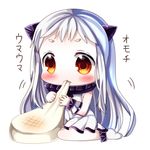  blush chibi chocolat_(momoiro_piano) dress eating food holding holding_food horns kantai_collection long_hair mochi northern_ocean_hime shinkaisei-kan silver_hair sitting solo translated very_long_hair wariza white_dress white_hair yellow_eyes 