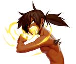  aniece_(nitrotitan) breasts brown_hair claws commentary dark_skin demon_girl glowing glowing_eyes glowing_mouth hair_over_one_eye horns nitrotitan nude open_mouth original ponytail sharp_teeth sideboob small_breasts solo spikes teeth tongue tongue_out yellow_eyes 