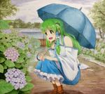  boots detached_sleeves dirt_road flower frilled_skirt frills frog_hair_ornament garden green_eyes green_hair hair_ornament hydrangea kochiya_sanae long_hair marker_(medium) millipen_(medium) open_mouth outdoors path rain road shiratama_(hockey) shirt skirt smile snake_hair_ornament solo squatting touhou traditional_media tree umbrella wall wide_sleeves 