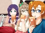  :o aqua_eyes bespectacled blue_eyes blush bow bread brown_eyes brown_hair chestnut_mouth closed_umbrella face_mask food glasses hair_bow holding kousaka_honoka kusuda_aina long_hair looking_at_viewer love_live! love_live!_school_idol_project low_twintails mask minami_kotori mohya multiple_girls nitta_emi one_side_up photo-referenced purple_hair ribbed_sweater seiyuu_connection short_hair smile surgical_mask sweater toujou_nozomi twintails uchida_aya umbrella 