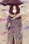  air_bubble brown_hair bubble clona cloud commentary curly_hair expressionless fish highres holding holding_umbrella jacket looking_at_viewer muted_color original parasol shawl solo surreal umbrella water_drop 