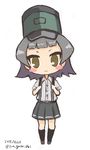  arare_(kantai_collection) black_hair blush_stickers chibi dated grey_hair hat highres kantai_collection karashi_(tou_gara_shi) kneehighs light_brown_eyes light_smile pleated_skirt short_hair skirt solo suspenders suspenders_pull twitter_username white_background 