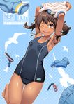  ;d aoi_sora_(pairan) armpits arms_up bangs bare_shoulders barefoot bird black_hair blue_background blue_swimsuit blurry blush breasts brown_eyes clenched_hand clothes_removed converse crossed_arms depth_of_field double_vertical_stripe dutch_angle hair_ornament hair_ribbon hairclip halftone halftone_background hips looking_at_viewer navel one-piece_swimsuit one_eye_closed open_mouth original outline pairan ribbon ribs round_teeth school_swimsuit seagull shirt shirt_lift shoes short_hair short_twintails silhouette small_breasts smile sneakers solo swimsuit tan tanline teeth thigh_gap toned twintails undressing 