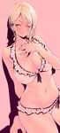  breasts cleavage covered_nipples goshiki_suzu highres large_breasts nakiri_alice navel red_eyes shokugeki_no_souma short_hair silver_hair solo swimsuit 