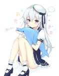  1girl alternate_costume anchor_symbol bangs blue_eyes blush bobby_socks character_name dress frilled_legwear hat hibiki_(kantai_collection) kantai_collection knees_together_feet_apart knees_up long_hair mary_janes md5_mismatch panties pantyshot pantyshot_(sitting) puffy_short_sleeves puffy_sleeves sailor_dress sailor_hat sakura_honoka_(srhk0623) shoes short_sleeves sidelocks silver_hair sitting socks solo spoken_ellipsis stuffed_animal stuffed_dolphin stuffed_toy underwear white_background white_legwear white_panties 