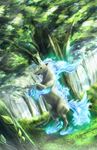  artist_name dated forest gen_1_pokemon grass highres lens_flare light_rays nature no_humans plant pokemon pokemon_(creature) rapidash shiny_pokemon tree vines yuitsuki1206 