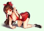  adjusting_hair all_fours alternate_costume areola_slip areolae basketball_uniform bike_shorts bow breasts brown_hair cleavage hair_bow hair_tubes hakurei_reimu highres long_hair looking_at_viewer medium_breasts non-web_source ponytail red_eyes saimon_ma shoes sneakers socks solo sportswear touhou white_legwear 