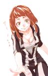  blush boku_no_hero_academia breasts brown_hair cleavage gym_uniform looking_at_viewer medium_breasts miso_(dot_ms_wj) open_clothes pants shirt short_hair simple_background smile solo u.a._gym_uniform uraraka_ochako white_background white_shirt yellow_eyes 