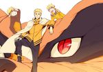  age_progression bandaged_arm bandages black_jacket black_pants blonde_hair blue_eyes boruto:_naruto_next_generations cape commentary_request forehead_protector jacket knee_up kurama_(naruto) kyuubi leaning looking_at_another looking_at_viewer multiple_boys multiple_tails naruto_(series) naruto_shippuuden open_mouth orange_shirt pants red_eyes shirt slit_pupils smile spiked_hair tail teeth time_paradox uzumaki_naruto whisker_markings whiskers white_background white_cape xia_(ryugo) 