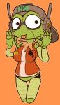  2016 amphibian anthro digital_media_(artwork) dt-b eyelashes felino female frog hat headphones machine mammal robot simple_background smile solo 