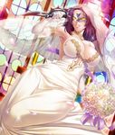  1girl bare_shoulders breasts cleavage curvy female kagami_hirotaka koukawa_oboro large_breasts lilith-soft mask oboro oboro_(taimanin_asagi) parted_lips purple_hair smile solo taimanin_asagi taimanin_asagi_battle_arena wedding_dress wide_hips 